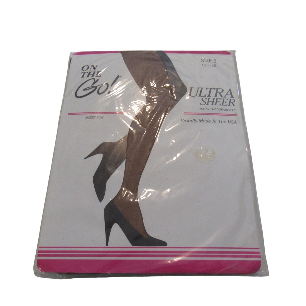 On‎ The Go Ultra Sheer Pantyhose Size 3 Coffee Brown Sheer Toe Made in USA NIP